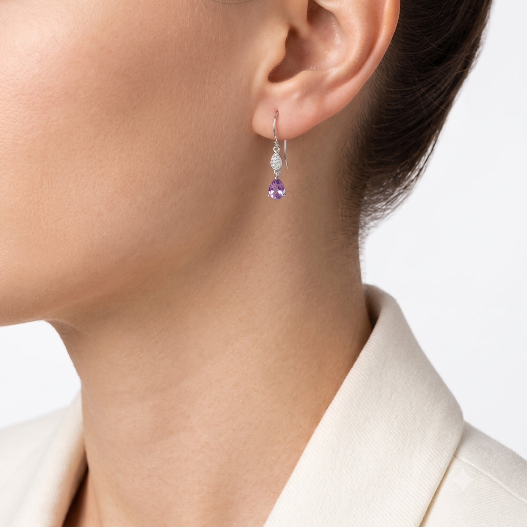 Graceful 0.40ct Amethyst and 0.03ct Natural Diamond Dangling Earrings in 18K White Gold