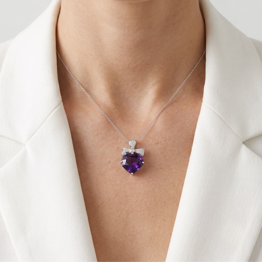 Romantic 9.50ct Amethyst and 0.11ct Natural Diamond Ribbon Bow Drop Pendant in 18K White Gold
