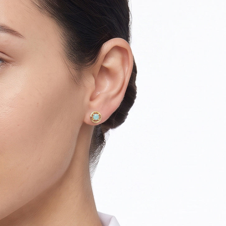 Elegant 0.08ct Blue Green Opal Stud Earrings in 18K Yellow Gold