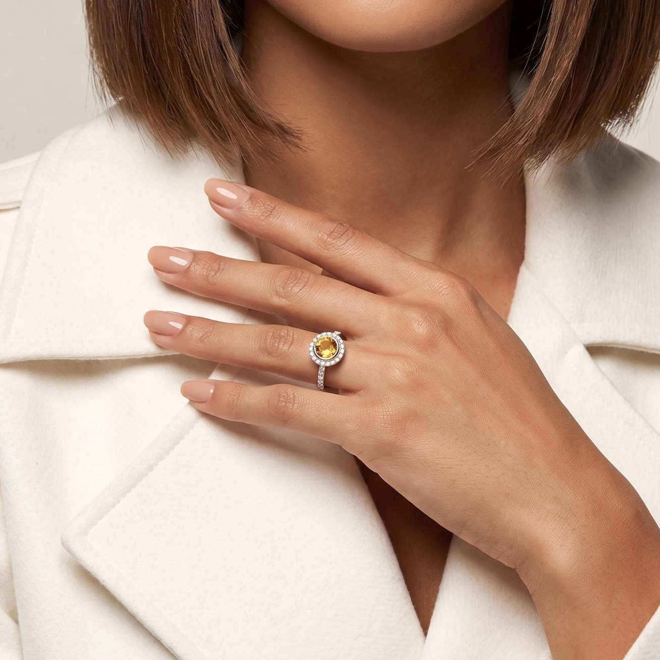 Radiant 1.10ct Citrine and 0.28ct Natural Diamond Halo Ring in 9K White Gold
