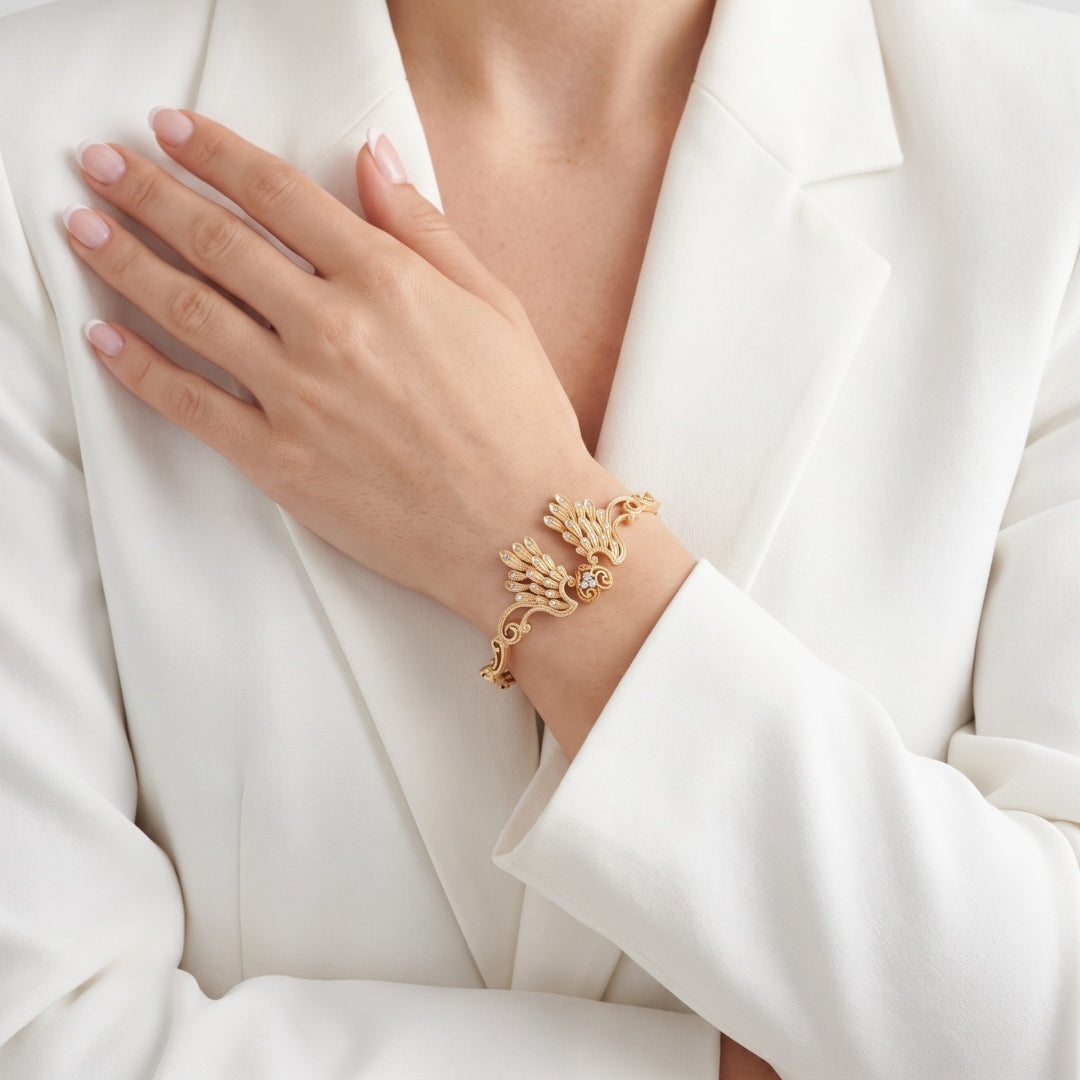 Ornate 0.15ct Natural Diamond and 0.05ct Sapphire Sculpted Wing Hinged Bangle Bracelet in 18K Rose Gold