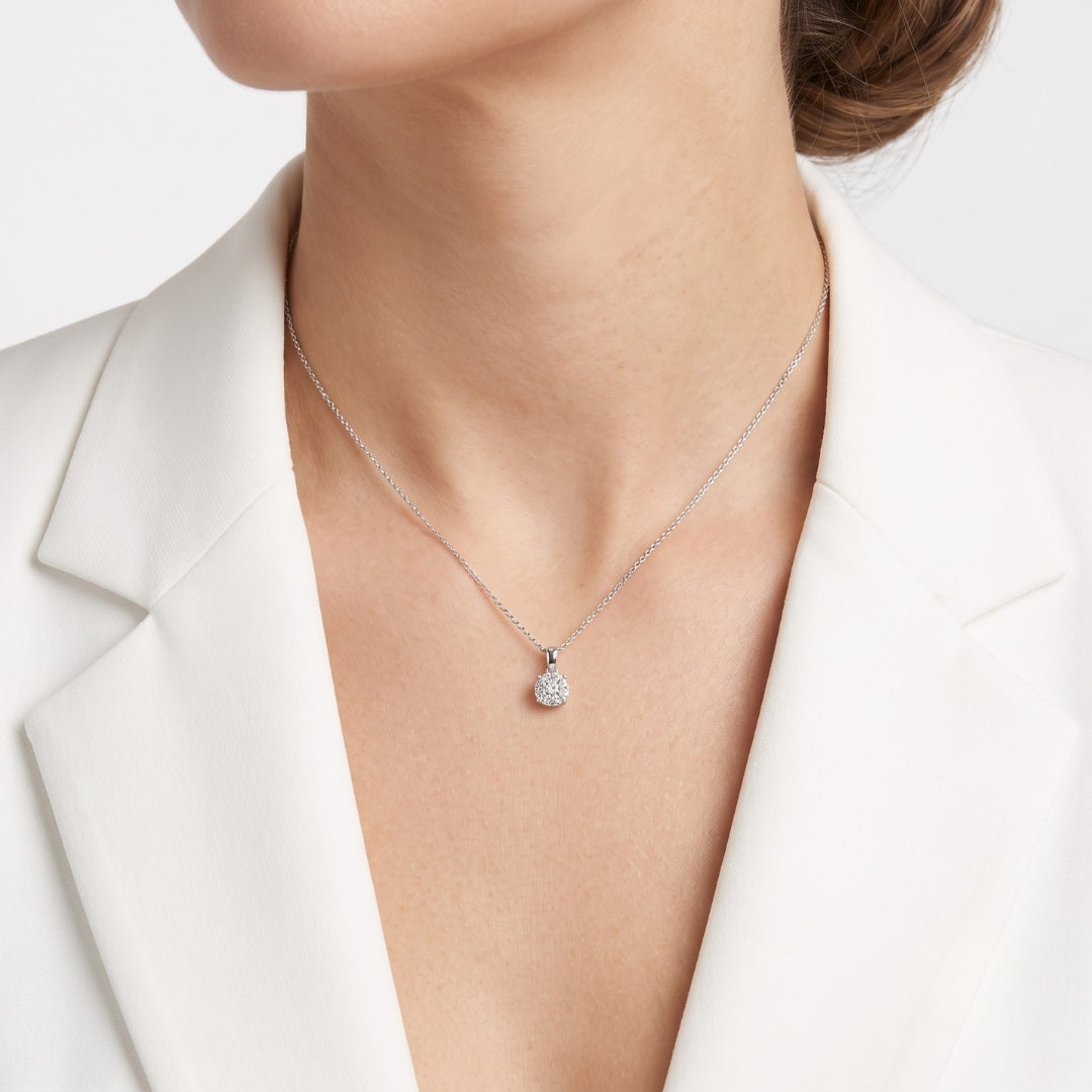 Scintillating 0.14ct Natural Diamond Classic Daisy Cluster Pendant in 18K White Gold
