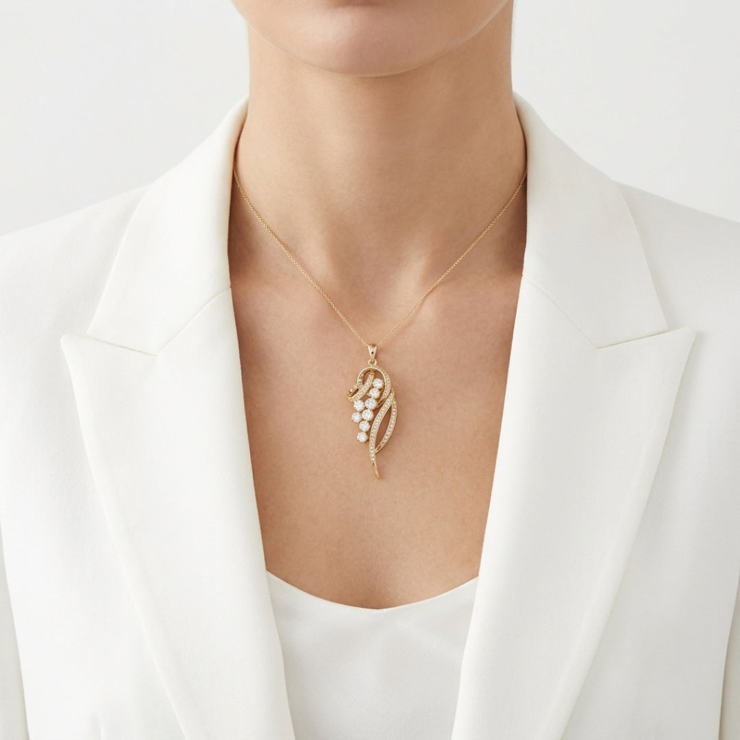 Magnificent 0.87ct Natural Diamond Cascading Floral Ribbon Drop Pendant in 14K Yellow Gold