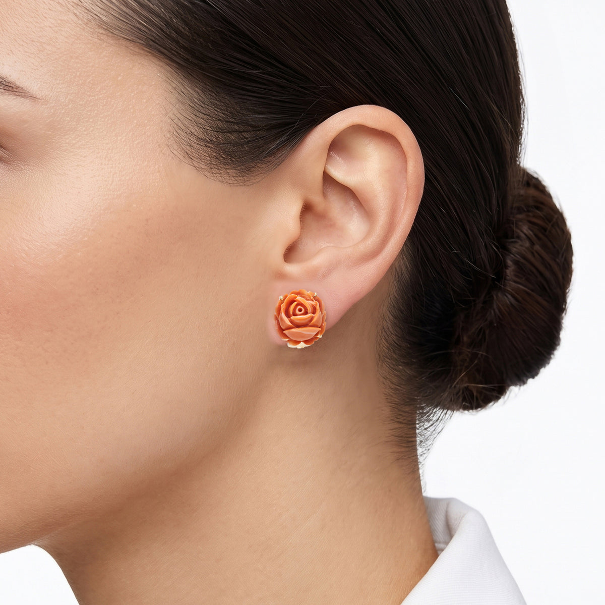 Magnificent Carved Coral Rose Studs in 14K Rose Gold