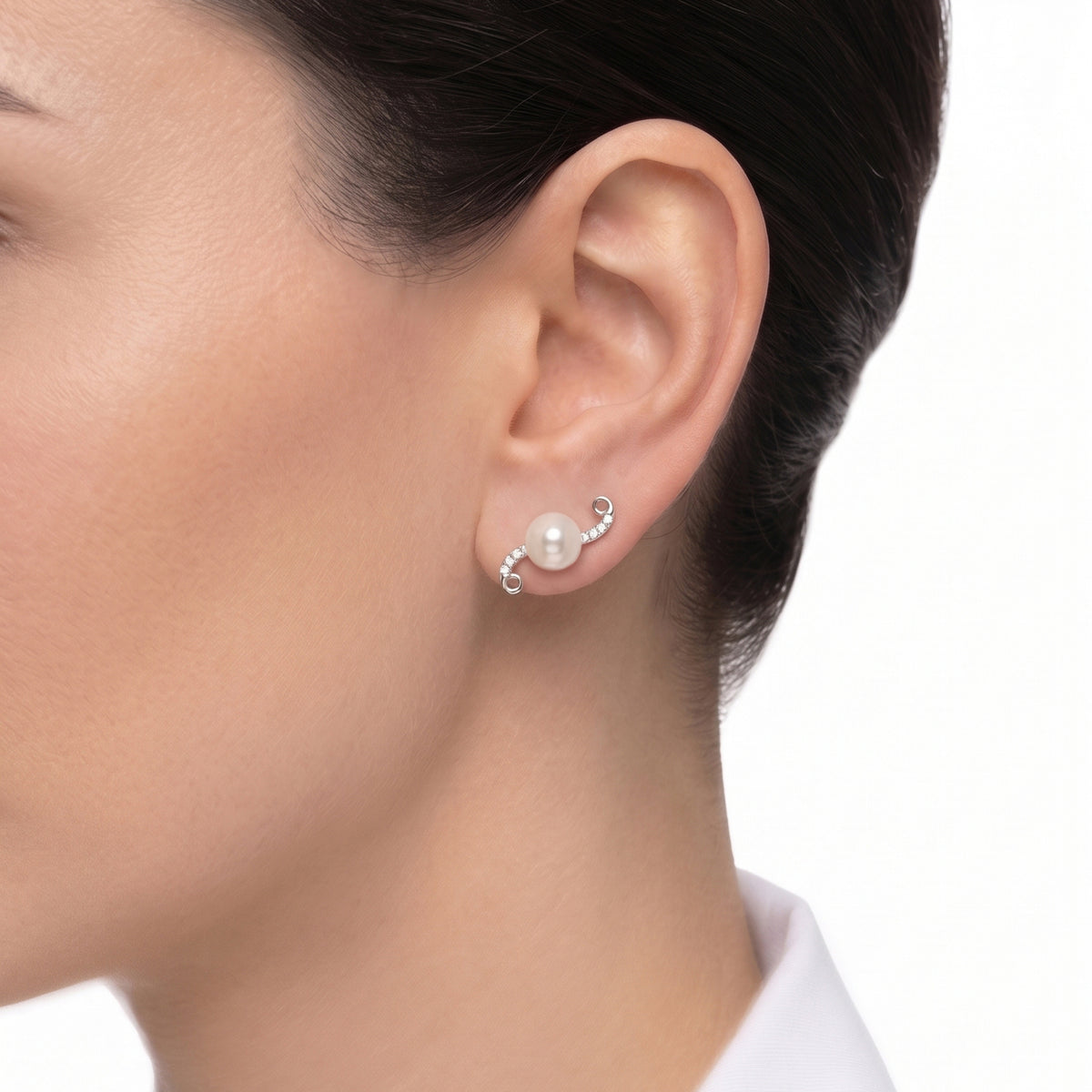 Ethereal 7-7.5mm Pink Akoya Pearl and 0.09ct Natural Diamond Crescent Wave Studs in 18K White Gold