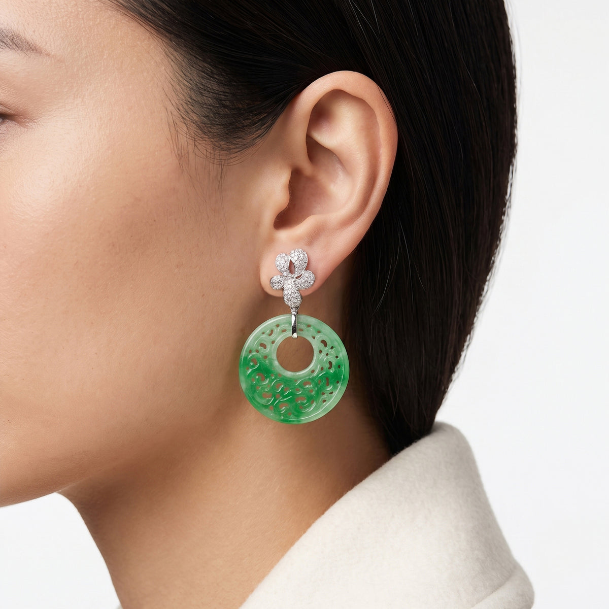 Majestic Carved Jade and 0.85ct Natural Diamond Dangling Earrings in 18K White Gold