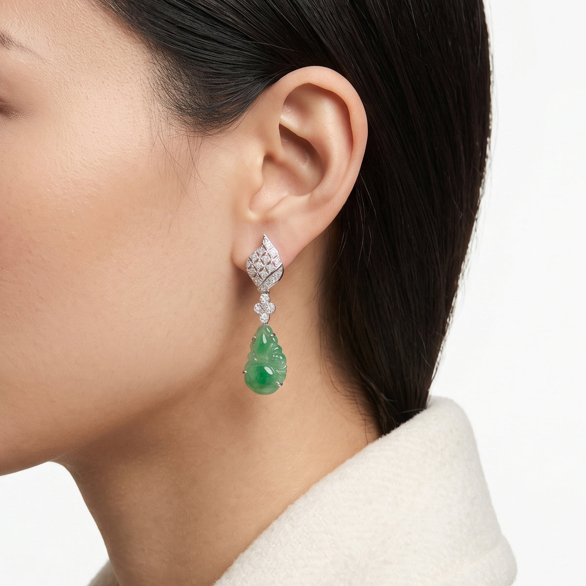 Exquisite Carved Jade and 0.30ct Natural Diamond Dangling Earrings in 18K White Gold