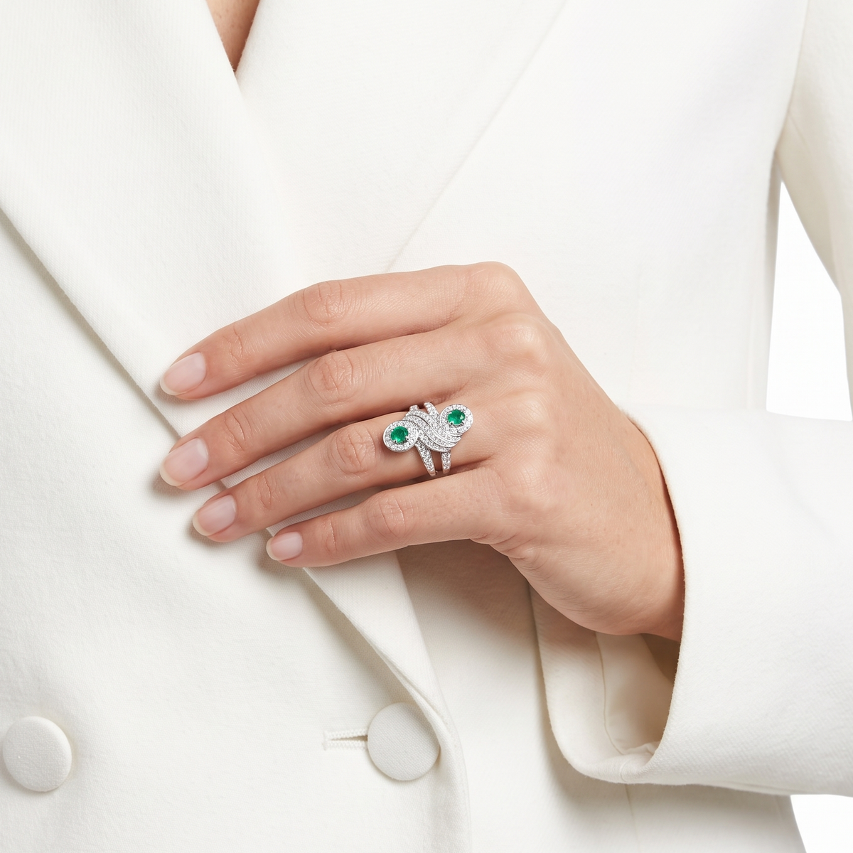 Spellbinding 0.60ct Emerald and 1.21ct Natural Diamond Bypass Halo Cocktail Ring in 18K White Gold