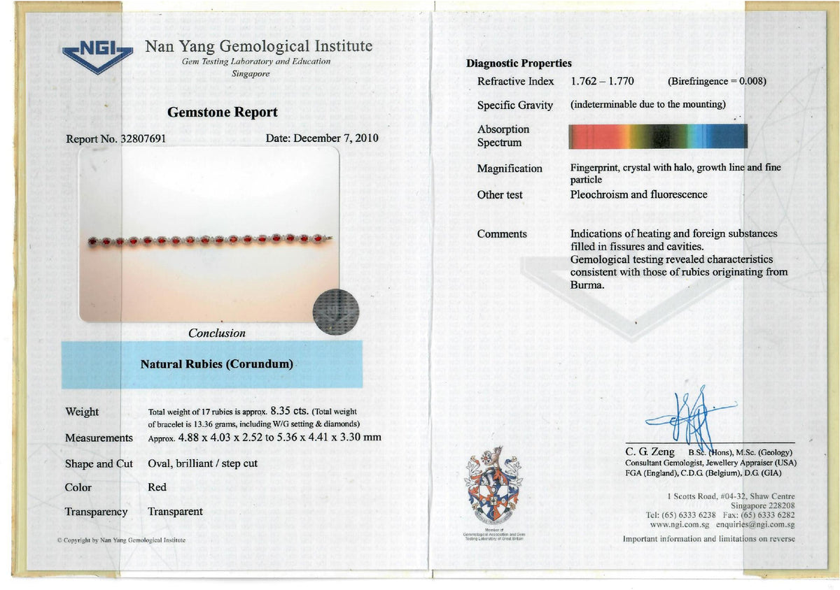 Majestic 8.35ct Burmese Ruby and 1.83ct Diamond Halo Line Bracelet in 18K White Gold with Nan Yang Certificate