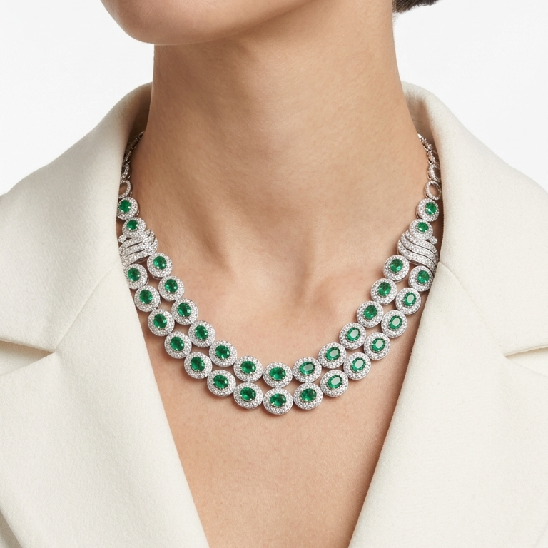 Resplendent 9.40ct Emerald and 6.07ct Natural Diamond Double Row Halo Collar Necklace in 18K White Gold
