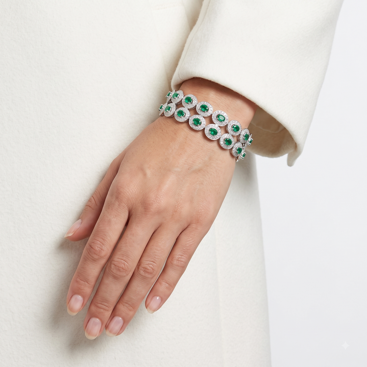 Resplendent 8.10ct Emerald and 4.68ct Natural Diamond Double Row Halo Link Bracelet in 18K White Gold