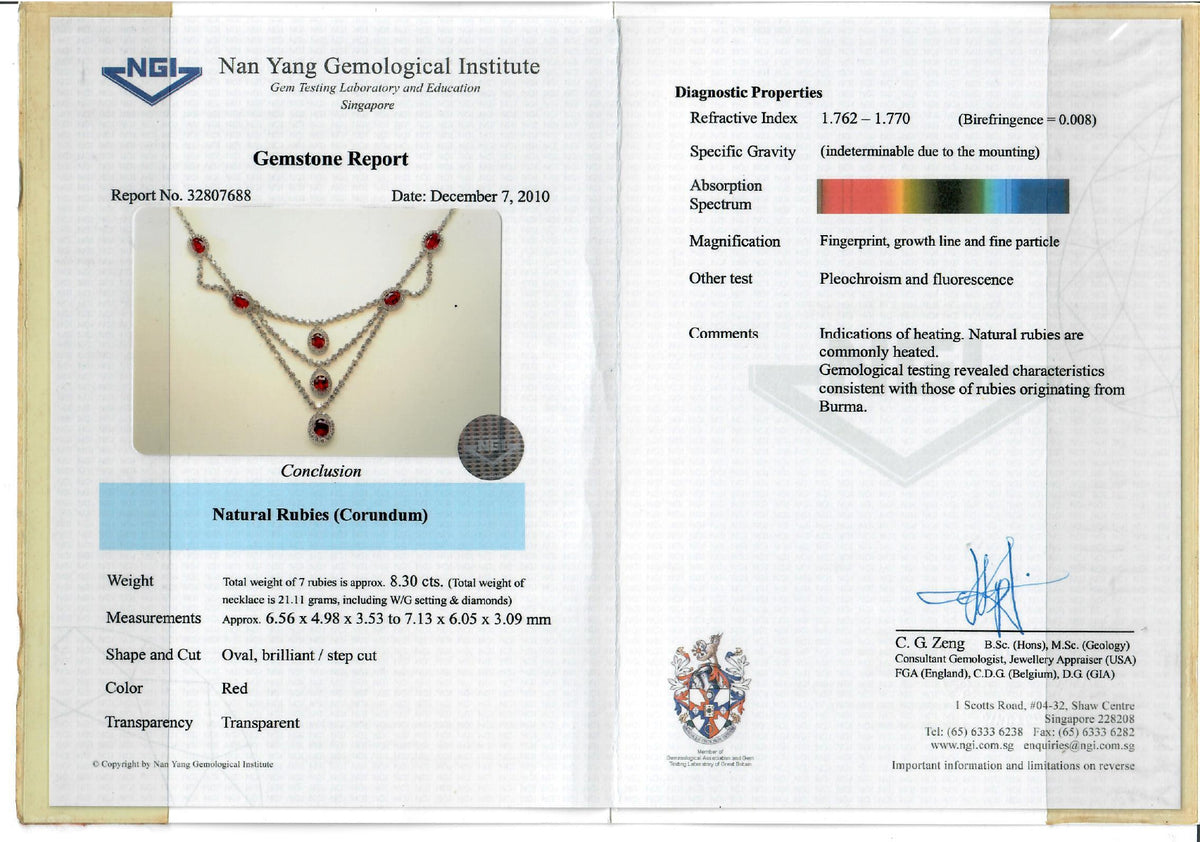 Spectacular 8.30ct Burmese Ruby and 10.04ct Natural Diamond Festoon Collar Necklace in 18K White Gold with Nan Yang Certificate