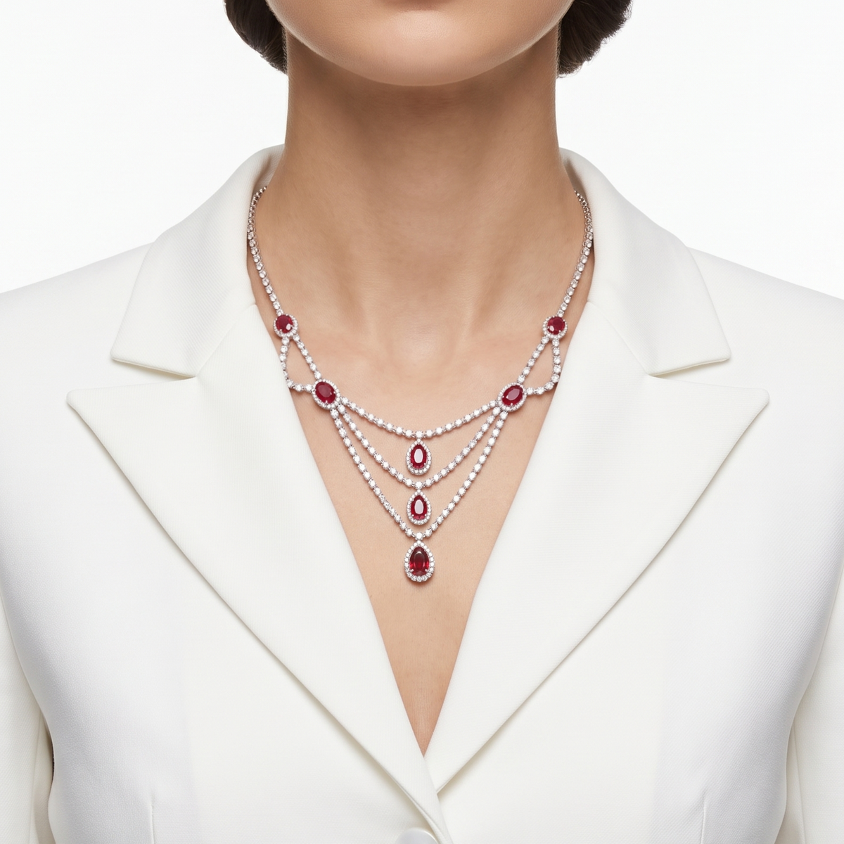 Spectacular 8.30ct Burmese Ruby and 10.04ct Natural Diamond Festoon Collar Necklace in 18K White Gold with Nan Yang Certificate