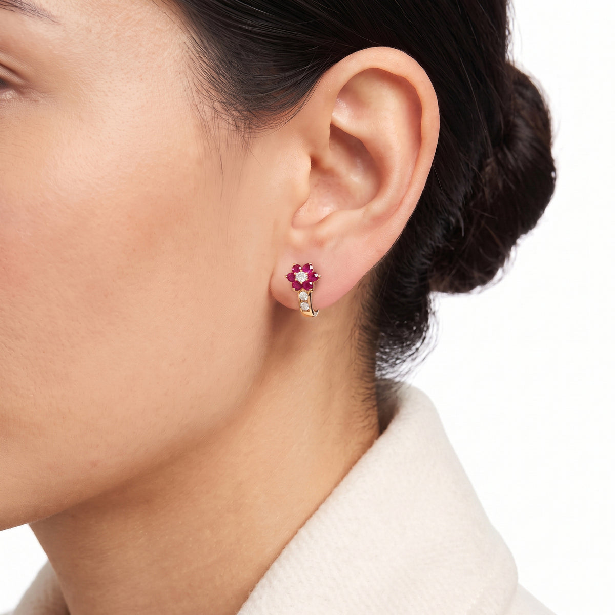 Splendid 0.72ct Ruby and 0.16ct Natural Diamond Flower Hoop Earrings in 20K Yellow Gold