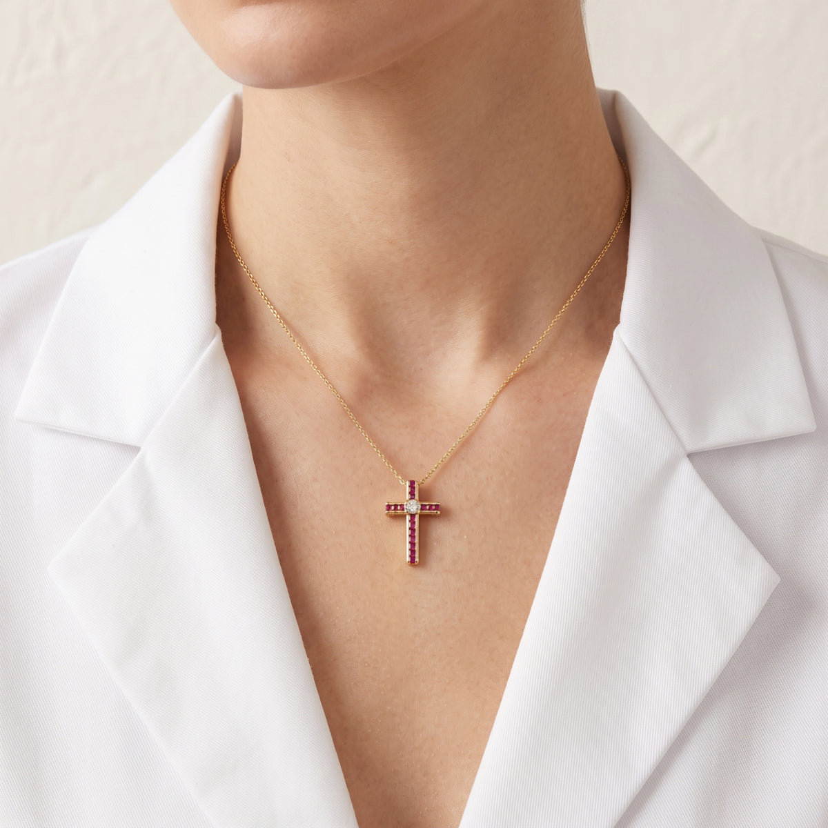 Spectacular 0.40ct Ruby and 0.10ct Natural Diamond Channel Set Cross Pendant in 18K Yellow Gold