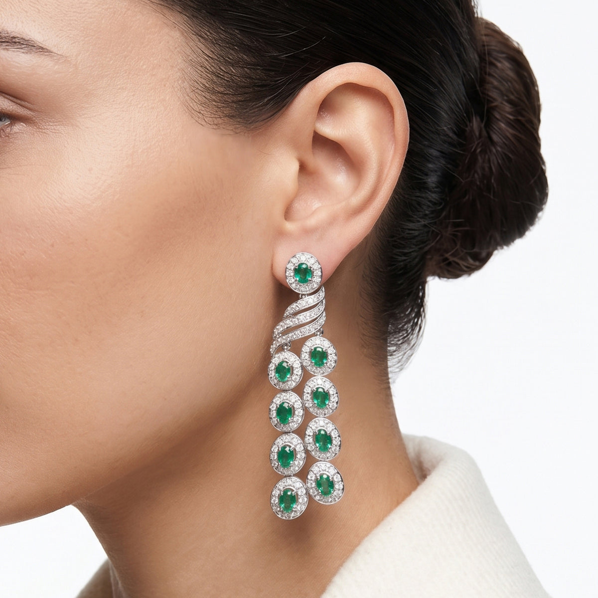 Opulent 5.40ct Emerald and 3.38ct Natural Diamond Cascading Dangling Earrings in 18K White Gold