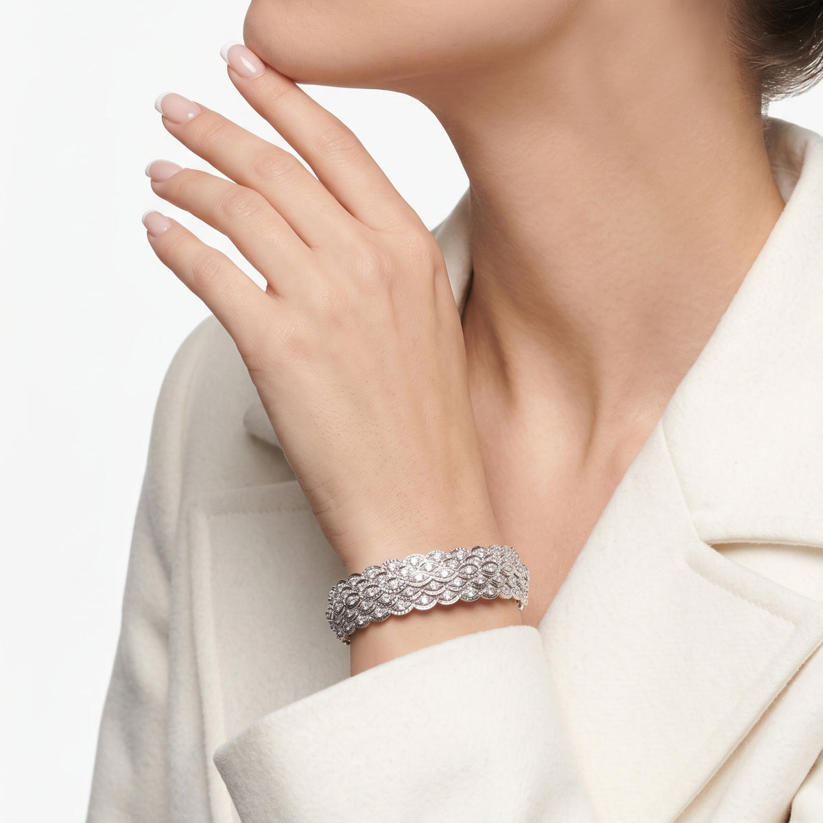 Stately 2.10ct Natural Diamond Woven Bangle in 18K White Gold with Nan Yang Certificate