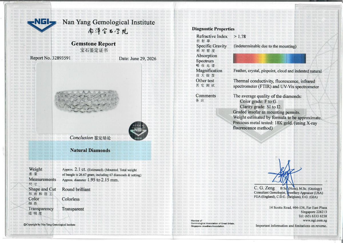 Stately 2.10ct Natural Diamond Woven Bangle in 18K White Gold with Nan Yang Certificate