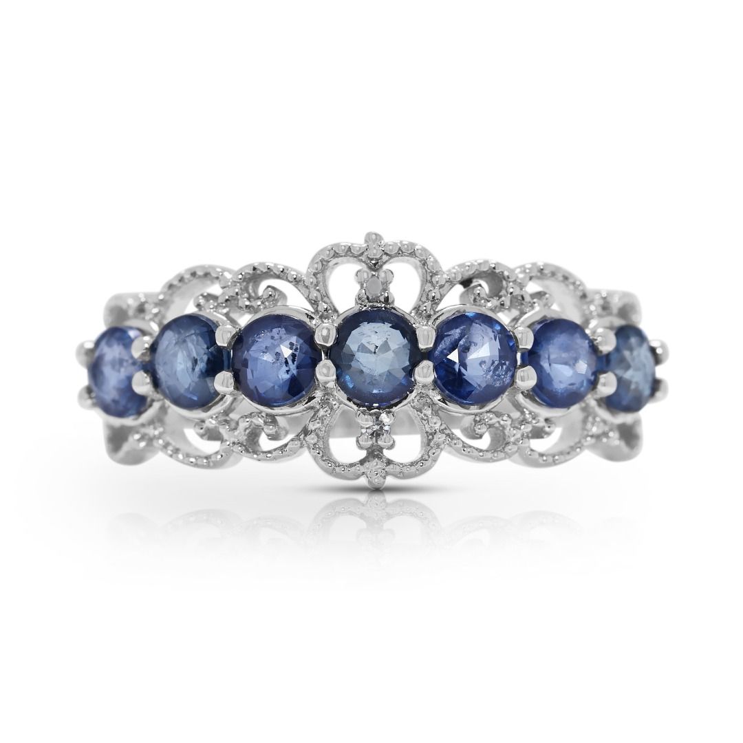 Intricate 0.61ct Sapphire and Natural Diamonds Ring in 18K White Gold