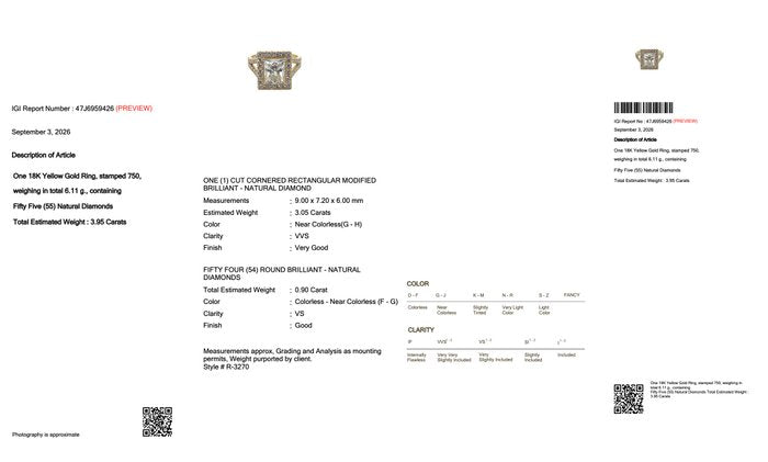 3.95 Carats IGI Certified 18k Yellow Gold Natural Diamond Halo Ring