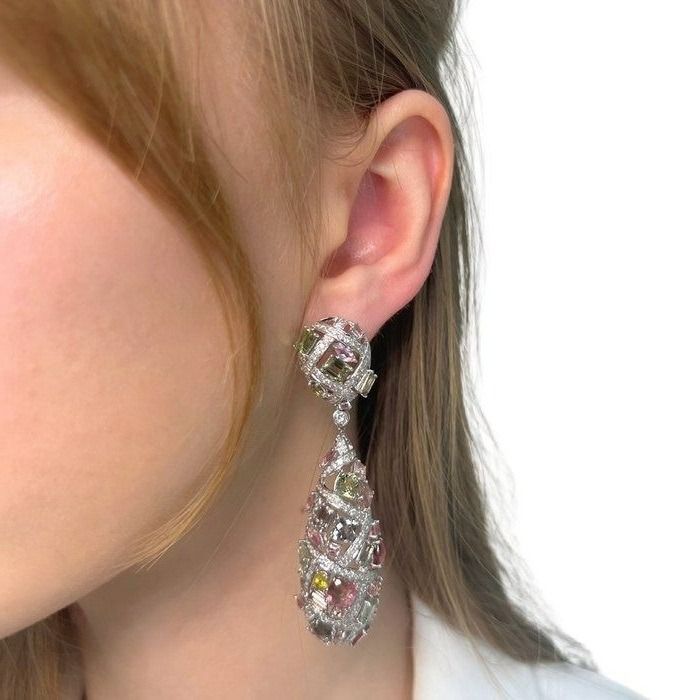 Captivating 24.53ct Tourmalines and Diamonds Drop Earrings in 18k White Gold - IGI Certified