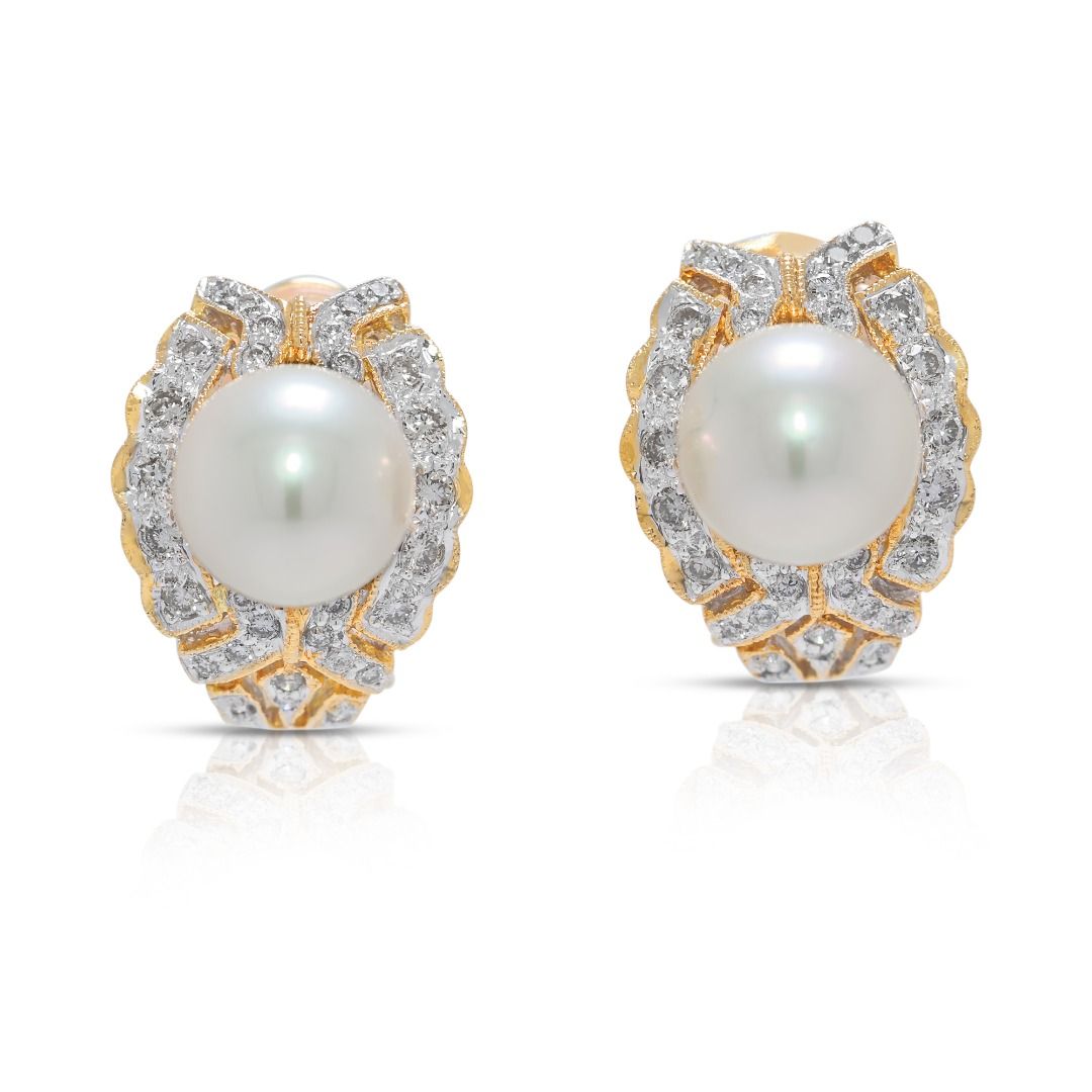 Elegant Akoya Pearl & Natural Diamond 18K Yellow Gold Latch Back Earrings