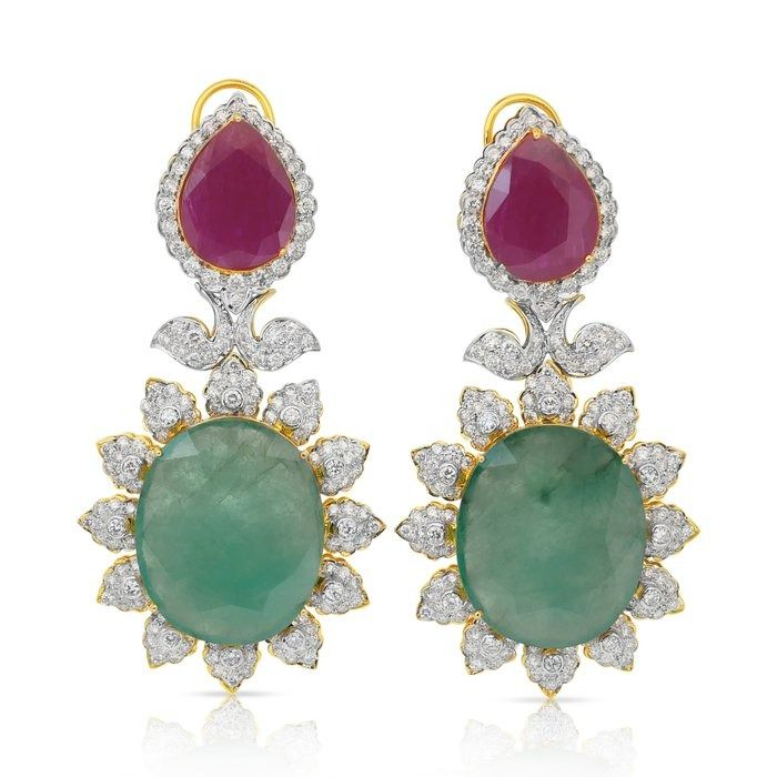 Beautiful 72.60ct Diamonds, Emeralds, and Rubies Drop Earrings in 18k Yellow Gold