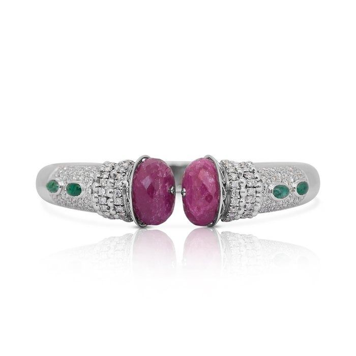 Gorgeous 16.80ct Emeralds, Rubies, and Diamonds Bangle in 14k White Gold