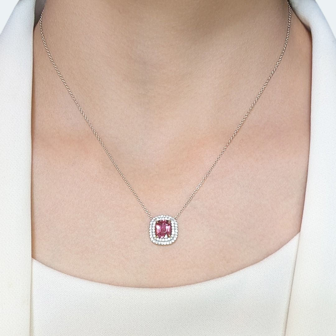 Alluring 2 carats Tourmaline and Natural Diamond Halo Necklace in 18k Two-Toned Gold with IGI