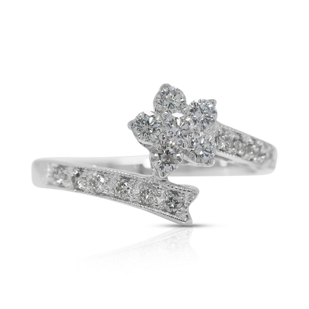 Charming 0.34ct Floral Natural Diamond Ring with Unique Band in 18K White Gold