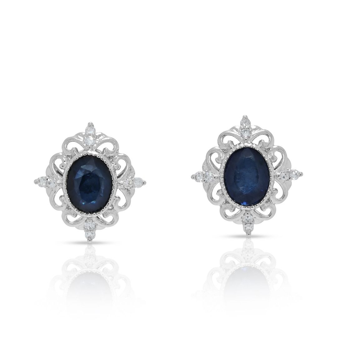 Complex 0.41ct Sapphire & Natural Diamond 18K White Gold Earrings