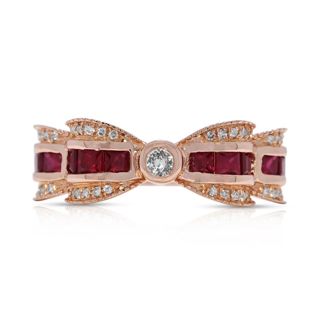 Charming 0.73ct Ruby and Natural Diamonds Ribbon Ring in 18K Rose Gold