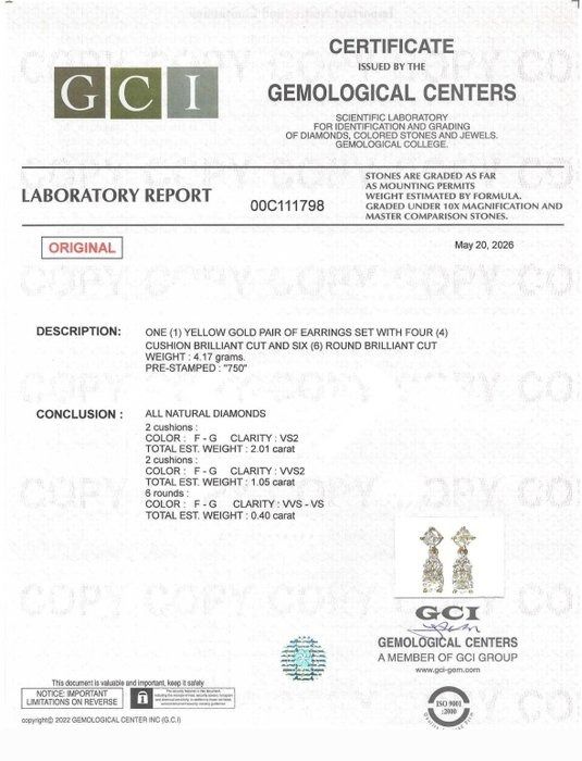 3.46 Carats GCI Certified Natural Diamond 18K Yellow Gold Drop Earrings
