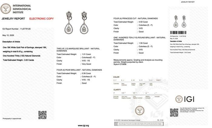 3.63 Carats IGI Certified Natural Diamond 18K White Gold Drop Earrings