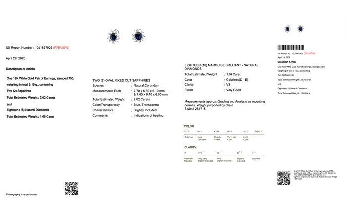 3.68 Carats IGI Certified Sapphire and Diamond 18K White Gold Earrings