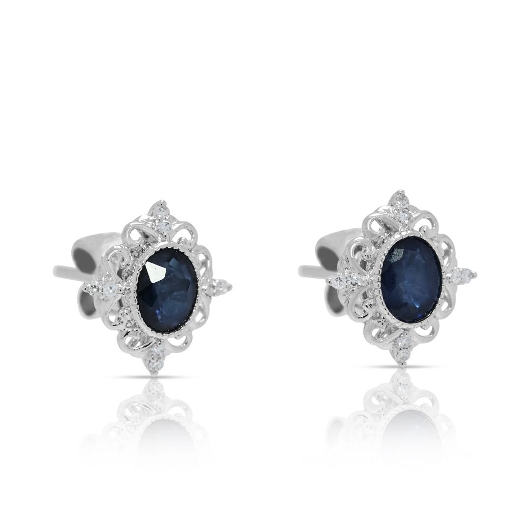 Complex 0.41ct Sapphire & Natural Diamond 18K White Gold Earrings