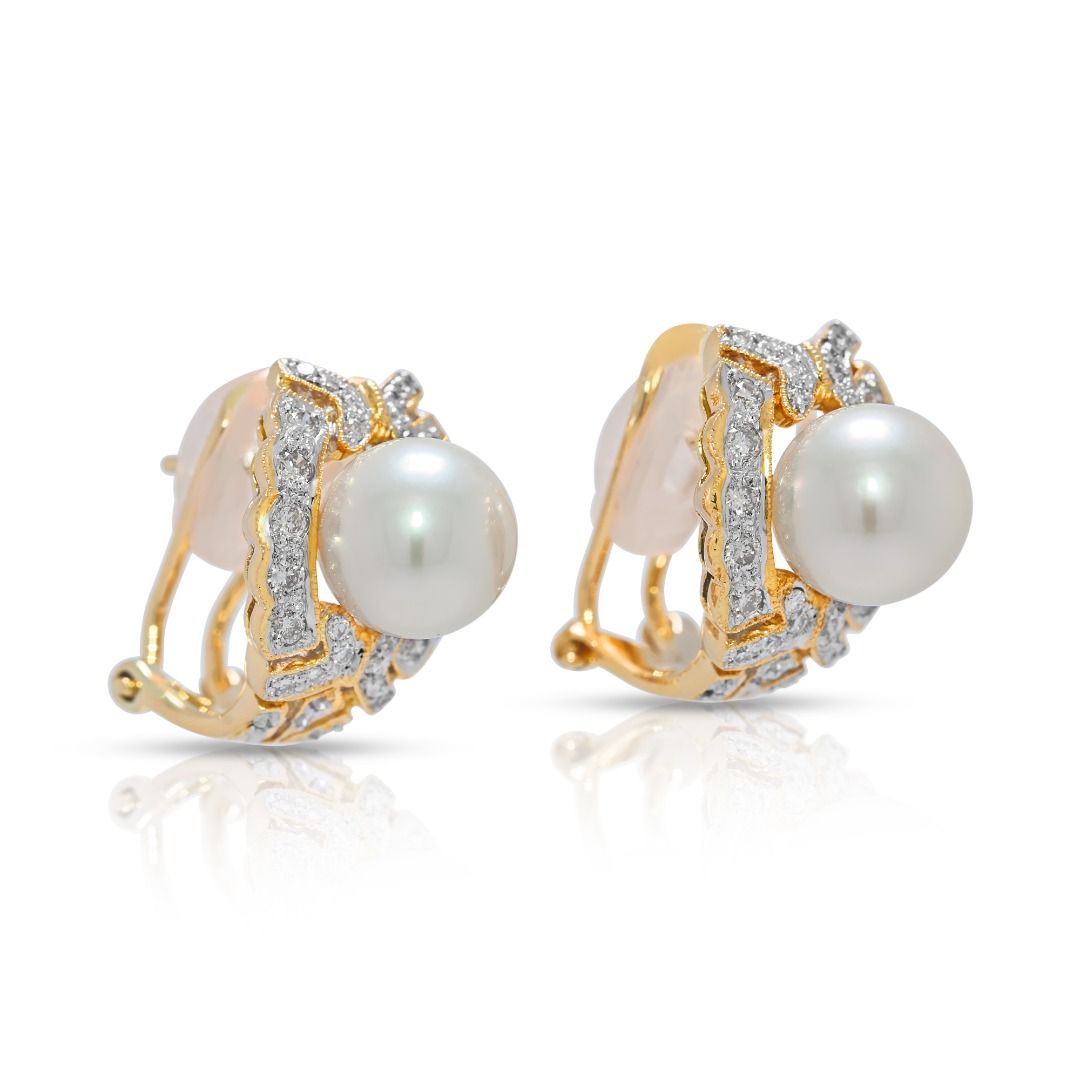 Elegant Akoya Pearl & Natural Diamond 18K Yellow Gold Latch Back Earrings