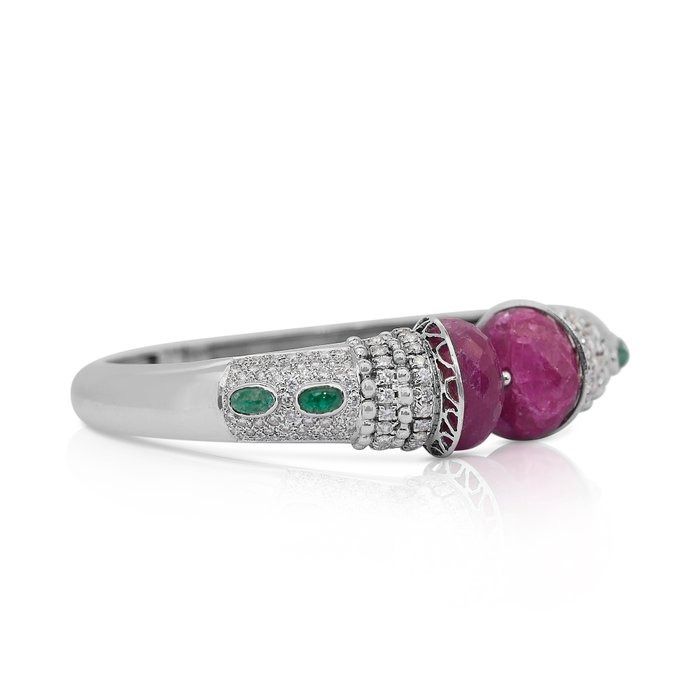 Gorgeous 16.80ct Emeralds, Rubies, and Diamonds Bangle in 14k White Gold