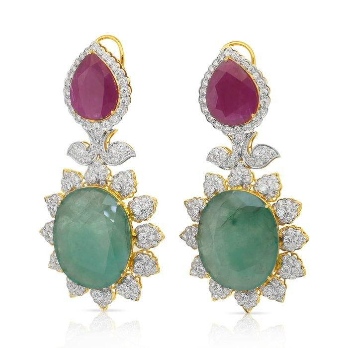 Beautiful 72.60ct Diamonds, Emeralds, and Rubies Drop Earrings in 18k Yellow Gold
