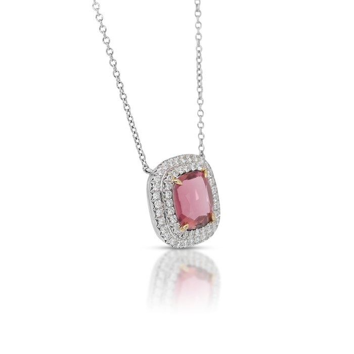 Alluring 2 carats Tourmaline and Natural Diamond Halo Necklace in 18k Two-Toned Gold with IGI