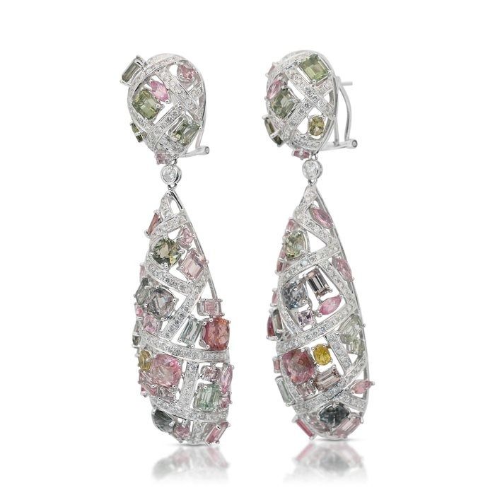 Captivating 24.53ct Tourmalines and Diamonds Drop Earrings in 18k White Gold - IGI Certified