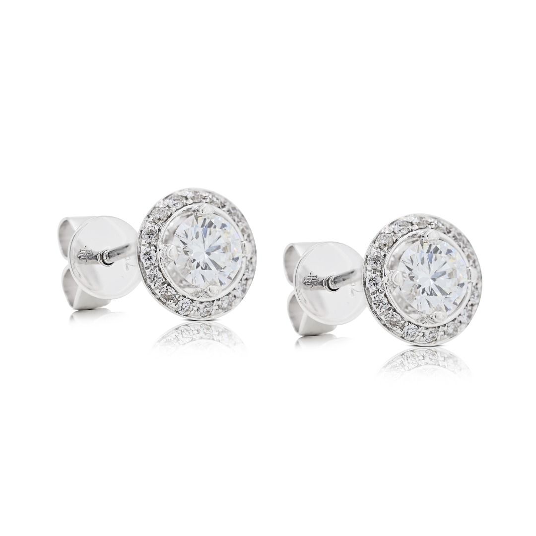 Sophisticated 0.92ct Natural Diamond Halo Earrings in 18K White Gold