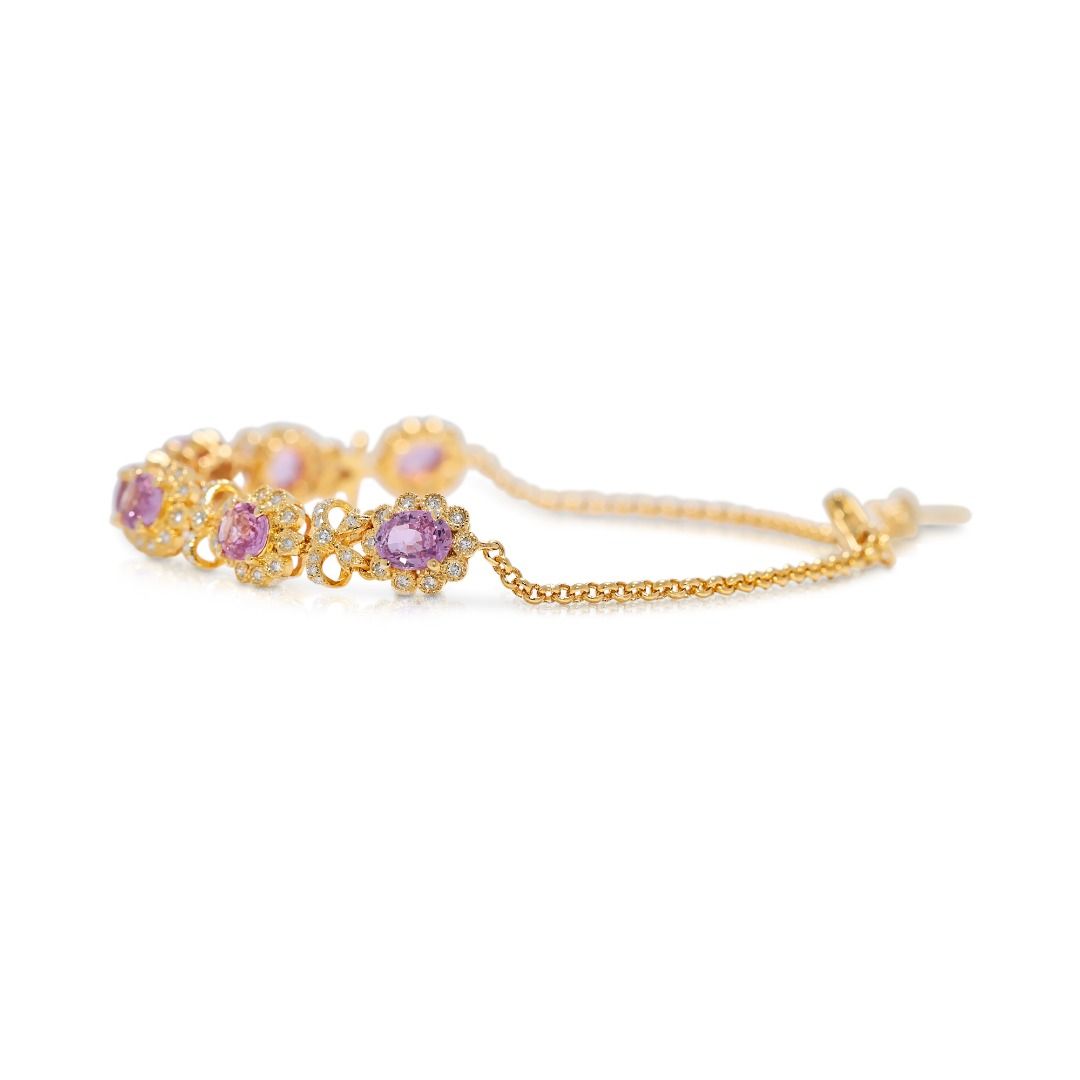 Charming 2.58ct Pink Sapphire and Natural Diamonds Bracelet in 18K Yellow Gold