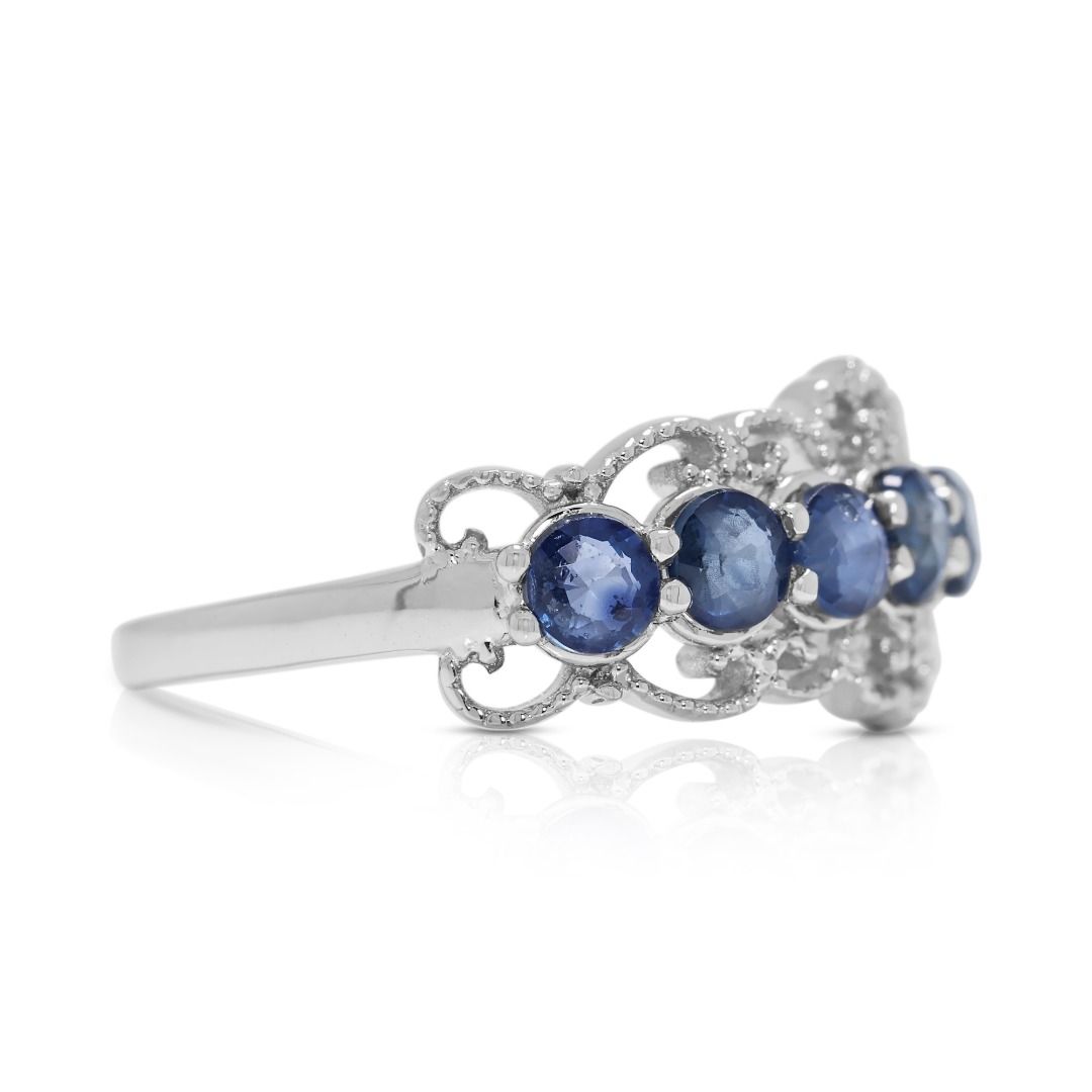 Intricate 0.61ct Sapphire and Natural Diamonds Ring in 18K White Gold