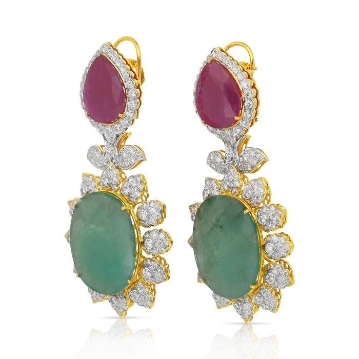 Beautiful 72.60ct Diamonds, Emeralds, and Rubies Drop Earrings in 18k Yellow Gold