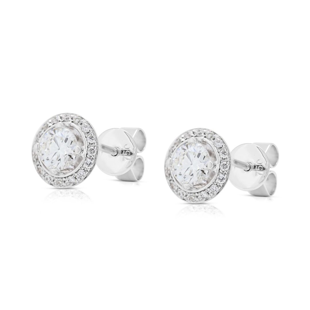Sophisticated 0.92ct Natural Diamond Halo Earrings in 18K White Gold