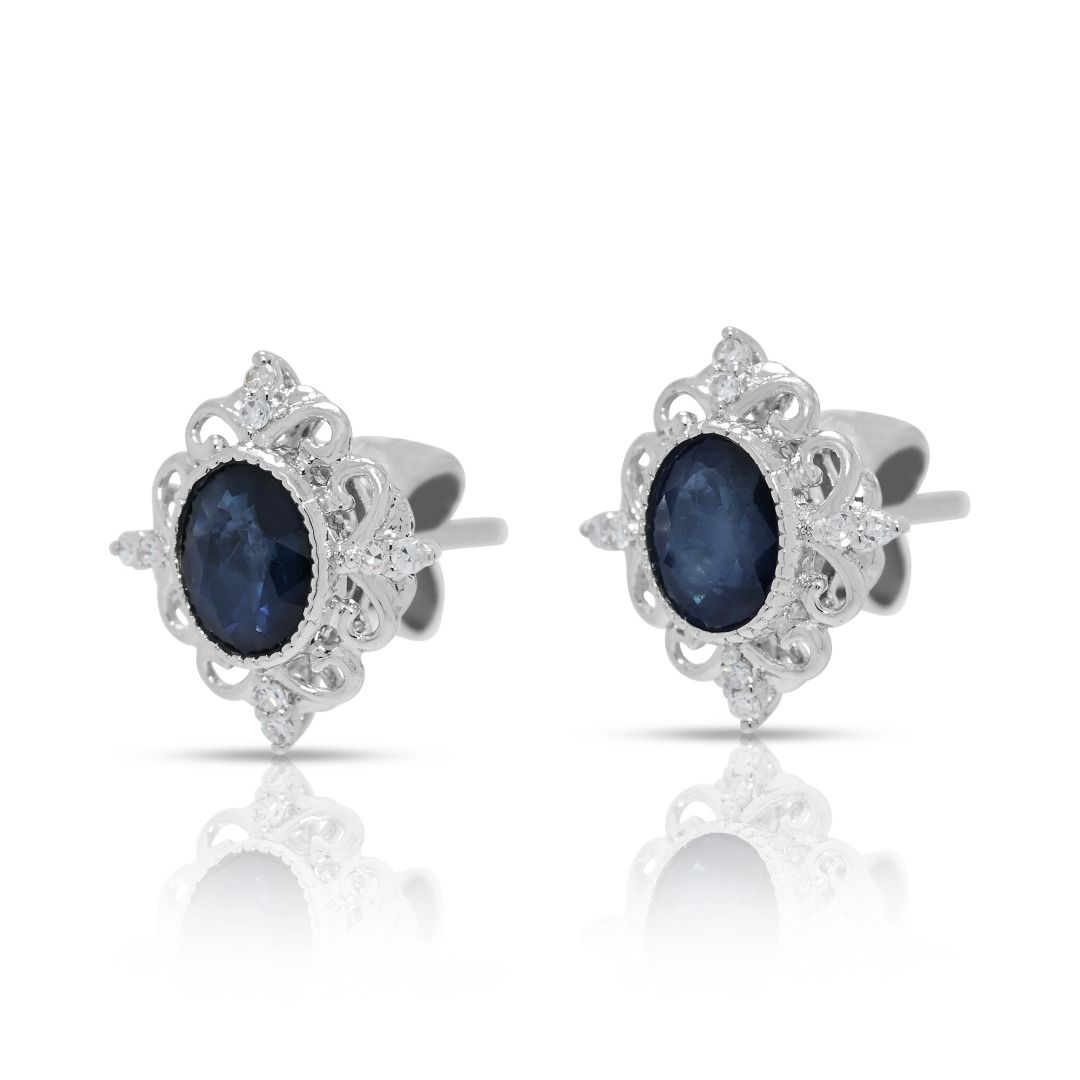 Complex 0.41ct Sapphire & Natural Diamond 18K White Gold Earrings