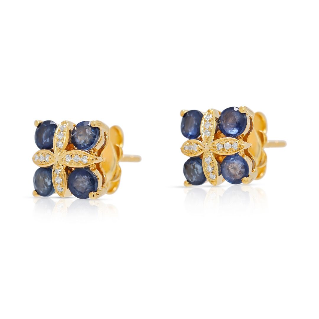 Stylish 0.47ct Sapphire & Natural Diamond 18K Yellow Gold Stud Earrings