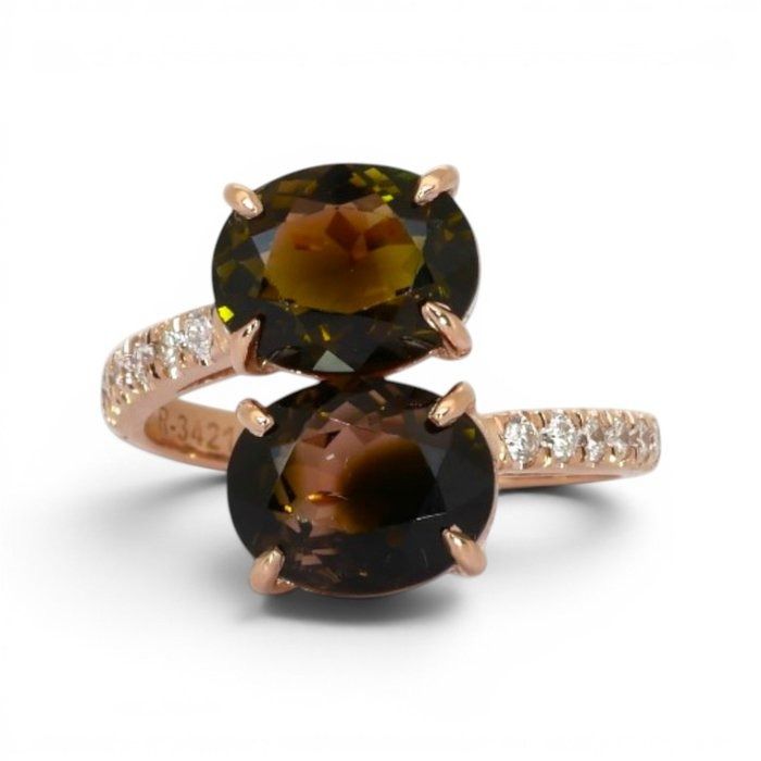 5.48 Carats IGI Certified Natural Diamonds and Tourmaline 14k Rose Gold Ring