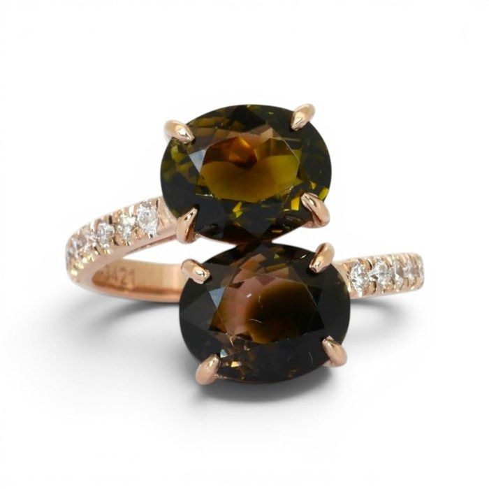 5.48 Carats IGI Certified Natural Diamonds and Tourmaline 14k Rose Gold Ring